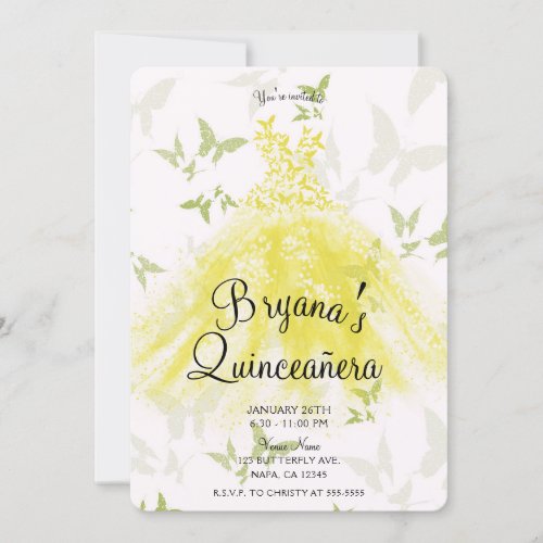 Yellow Green Butterfly Dance Dress Quinceaera Invitation