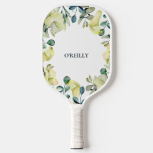 Yellow Green Calla Lily Floral Modern Monogram Pickleball Paddle