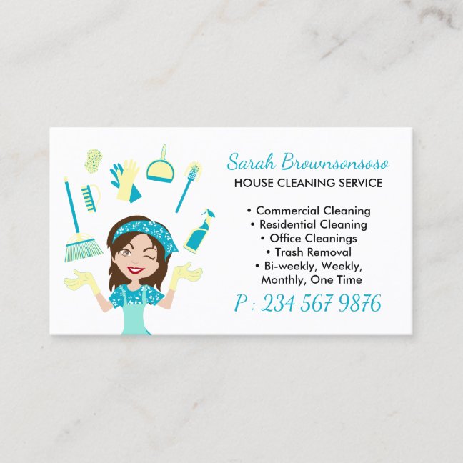 Yellow Green Cartoon House Cleaning Service Business Card