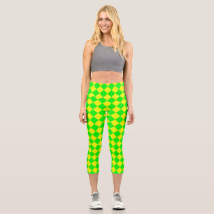 Yellow Green Checker Diamond Pattern Capri Leggings