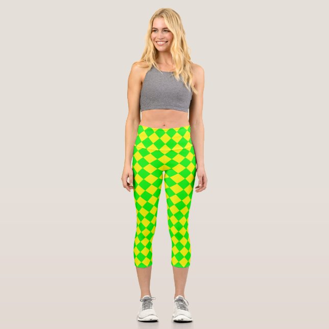 Yellow Green Checker Diamond Pattern  Capri Leggings (Front)