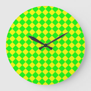 Yellow Green Checker Diamond Pattern Large Clock