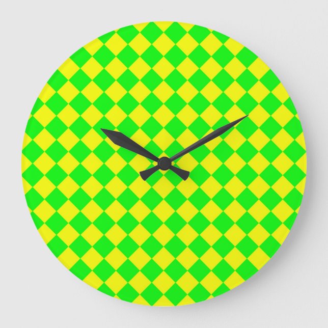Yellow Green Checker Diamond Pattern Large Clock (Front)