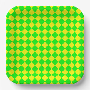 Yellow Green Checker Diamond Pattern Paper Plates