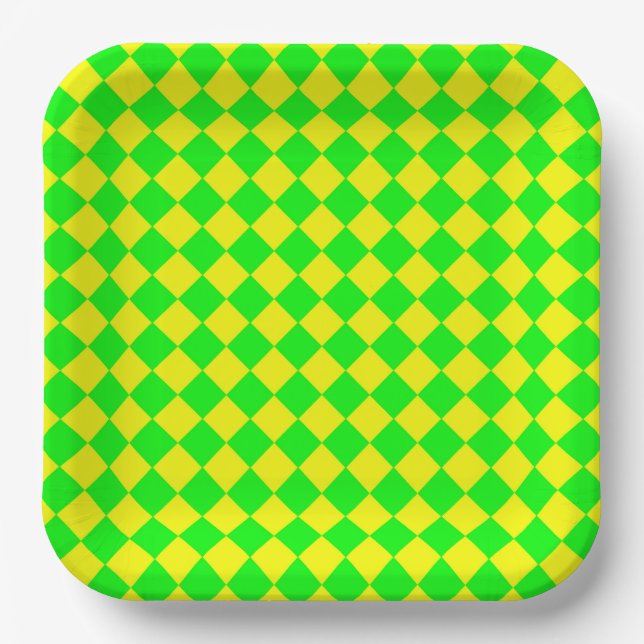Yellow Green Checker Diamond Pattern Paper Plates (Front)
