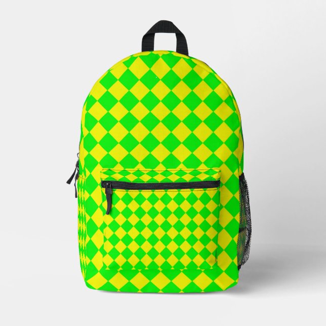 Yellow Green Checker Diamond Pattern Printed Backpack (Front)