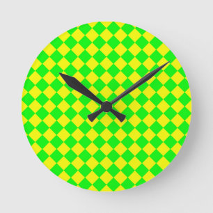 Yellow Green Checker Diamond Pattern Round Clock