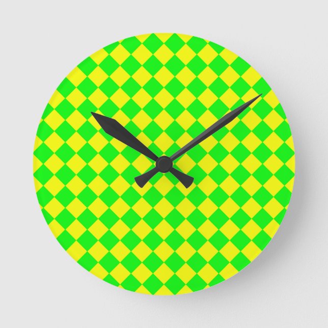 Yellow Green Checker Diamond Pattern Round Clock (Front)