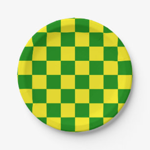 Yellow Green Checkered Check Pattern Paper Plates