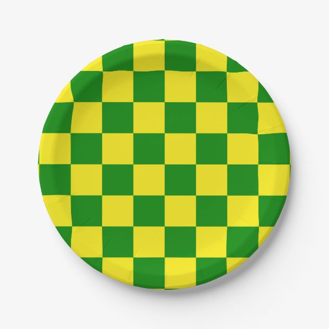 Yellow Green Checkered Check Pattern Paper Plates (Front)