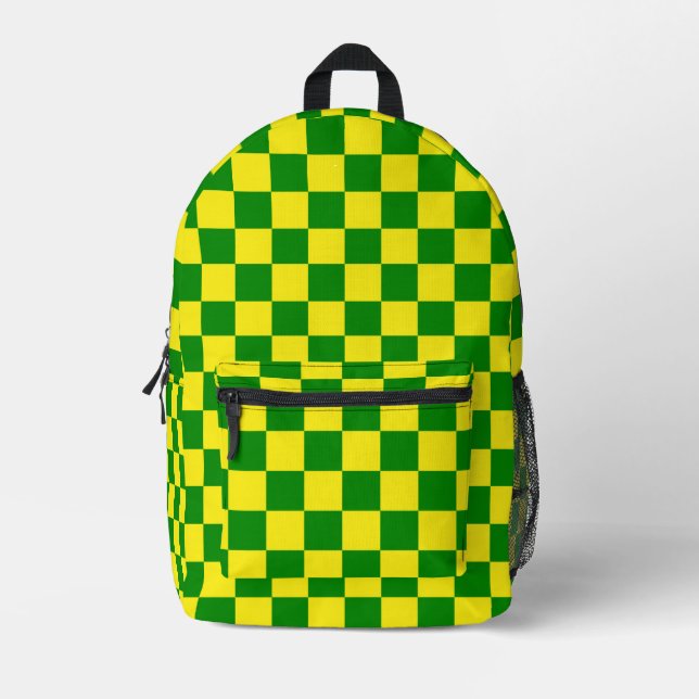 Yellow Green Checkered Check Pattern Printed Backpack (Front)