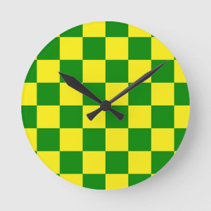 Yellow Green Checkered Check Pattern Round Clock