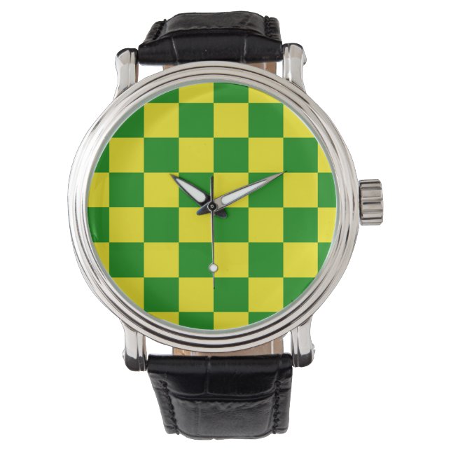 Yellow Green Checkered Check Pattern Watch (Front)
