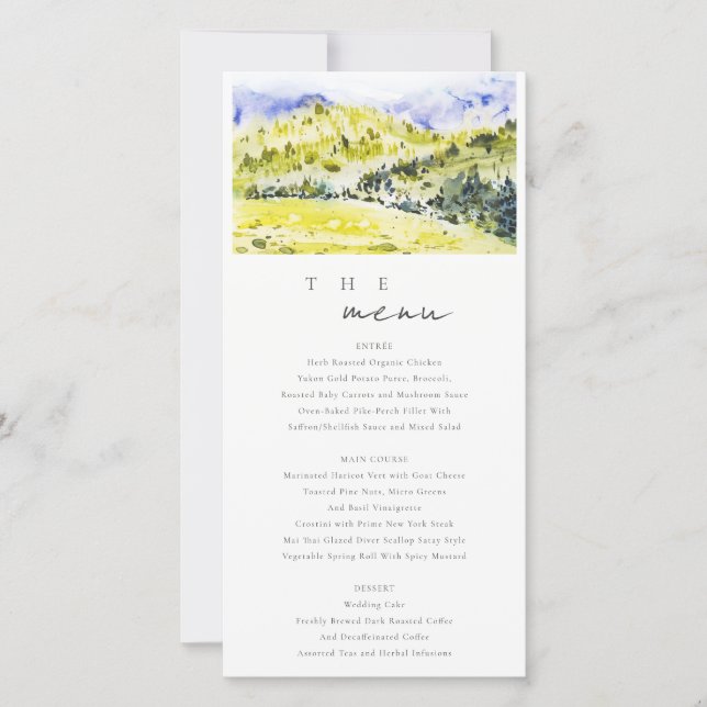 Yellow Green Countryside Hills Wedding Menu Card (Front)
