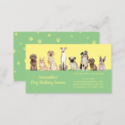Yellow Green Cute Paws Watercolor Dogs Business Card