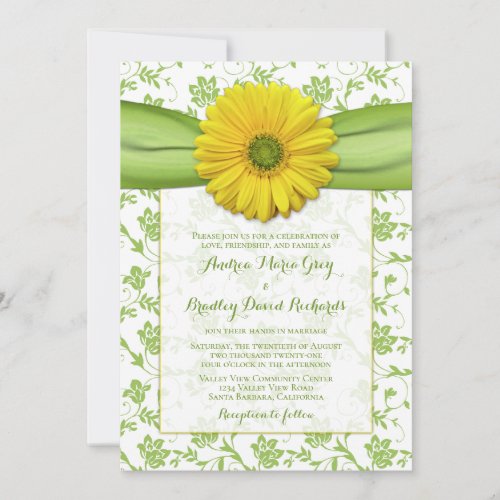 Yellow Green Damask Daisy Wedding Invitation