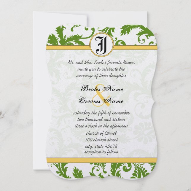 Yellow & Green Damask Swirls Wedding Invitations (Front)