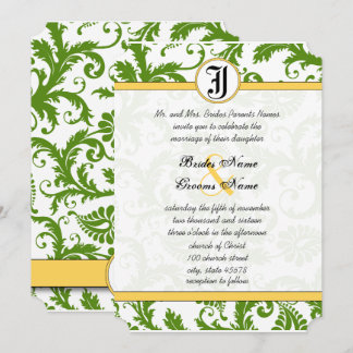 Yellow & Green Damask Swirls Wedding Invitations