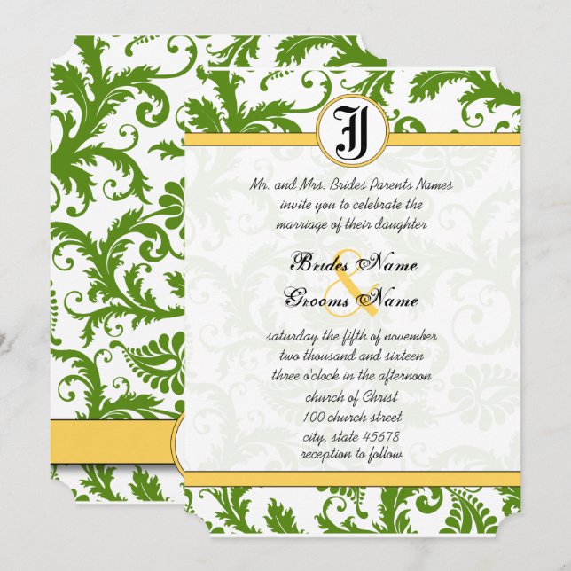 Yellow & Green Damask Swirls Wedding Invitations (Front/Back)
