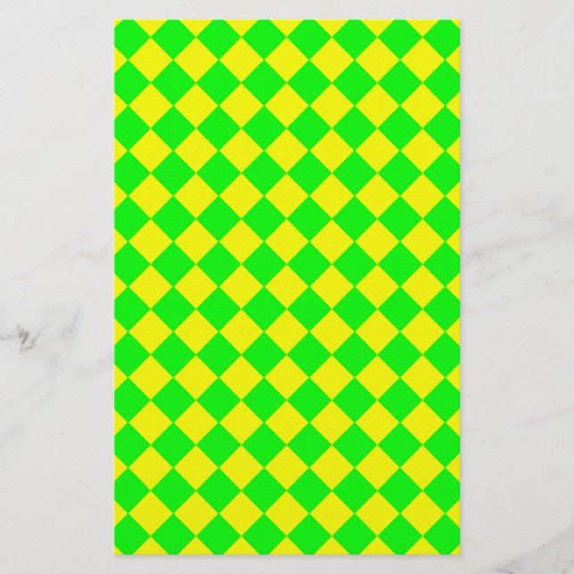 Yellow Green Diamond Harlequin Checker Pattern Stationery (Front)