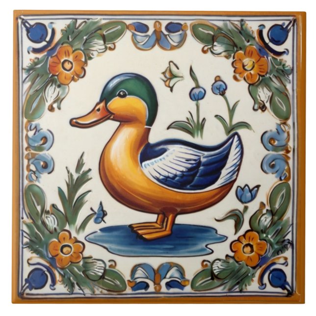 Yellow Green Duck European Folk Animal Art Ceramic Tile (Front)