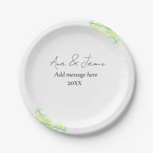yellow green floral abstract wedding couple name d paper plates