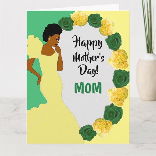 Yellow  Green Floral African American Mothers Day Card