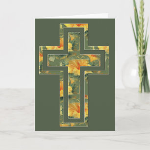 Yellow Green Floral Cross Christian Greeting Card