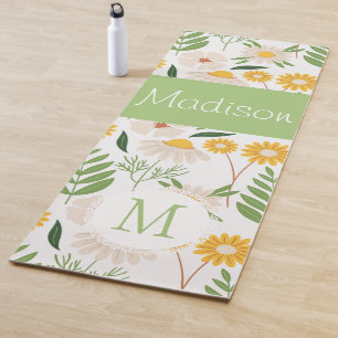 Yellow Green Floral Girly Trendy Monogram Yoga Mat