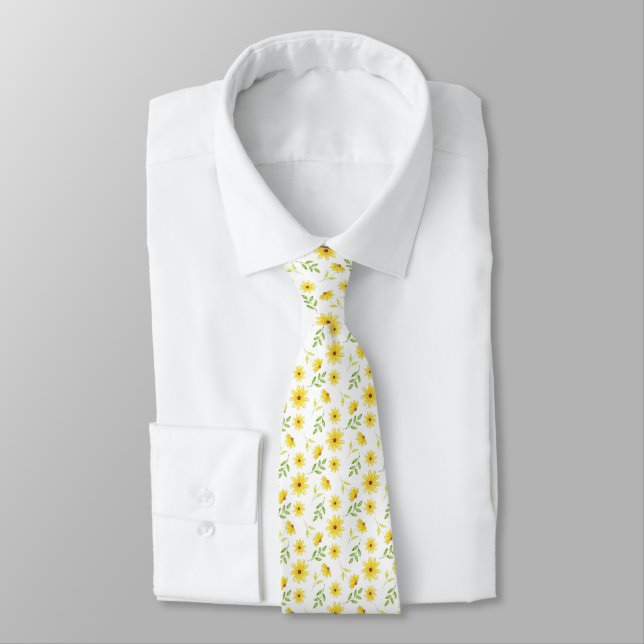 Yellow Green Floral Pattern Neck Tie (Tied)