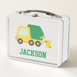 Yellow Green Garbage Truck Kids Personalized Metal Lunch Box