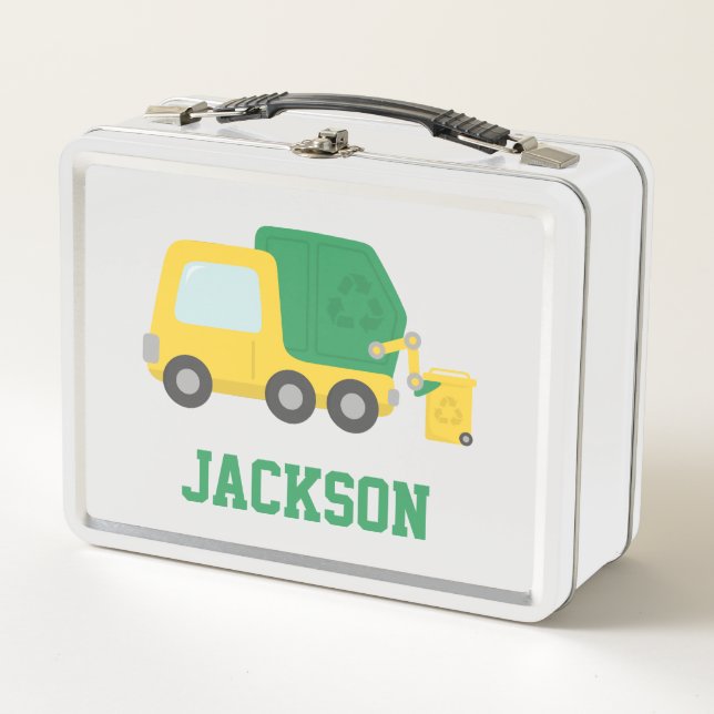 Yellow Green Garbage Truck Kids Personalized Metal Lunch Box (Front)