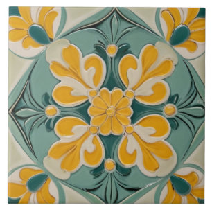 Yellow Green Geometric Floral Flower Mediterranean Ceramic Tile
