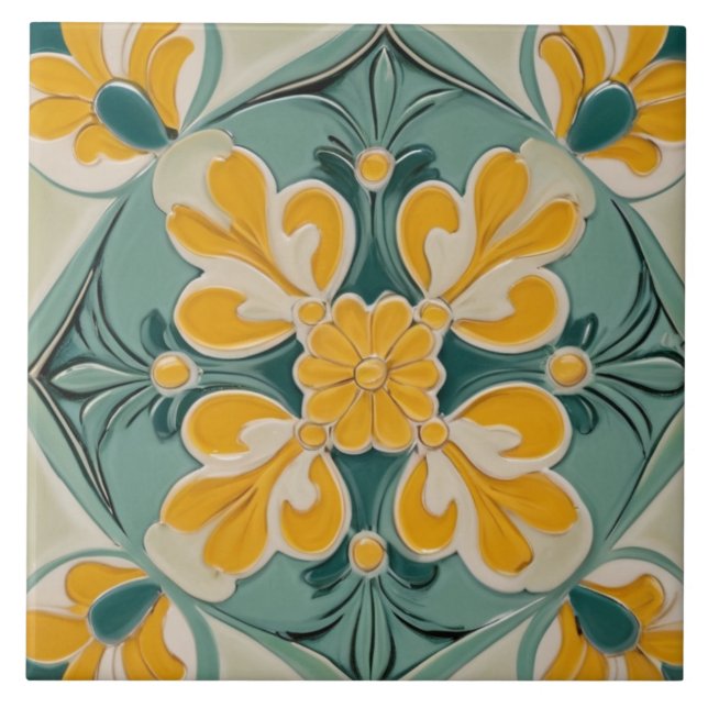 Yellow Green Geometric Floral Flower Mediterranean Ceramic Tile (Front)