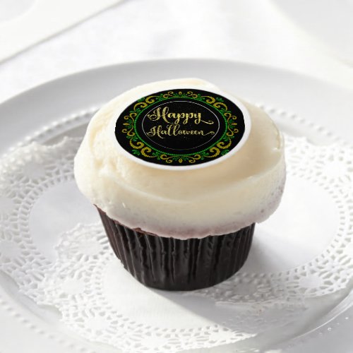 Yellow Green Gold Glitter On Black Happy Halloween Edible Frosting Rounds