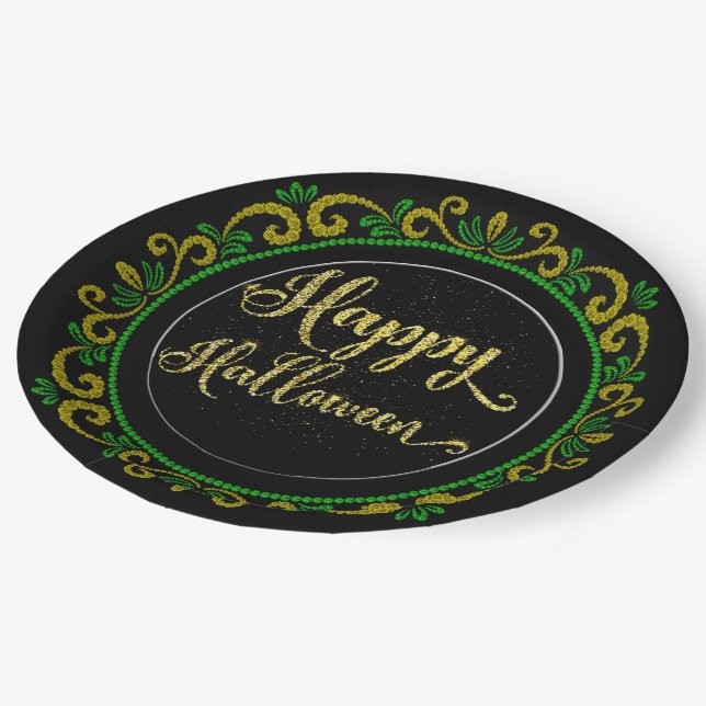 Yellow Green Gold Glitter On Black Happy Halloween Paper Plates (Angled)