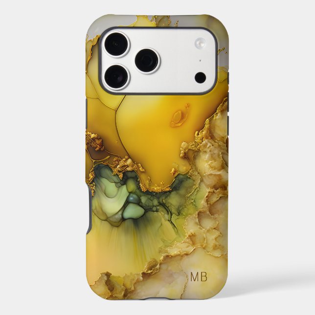 Yellow Green Gold Marble Script Monogram Case-Mate iPhone Case (Back)