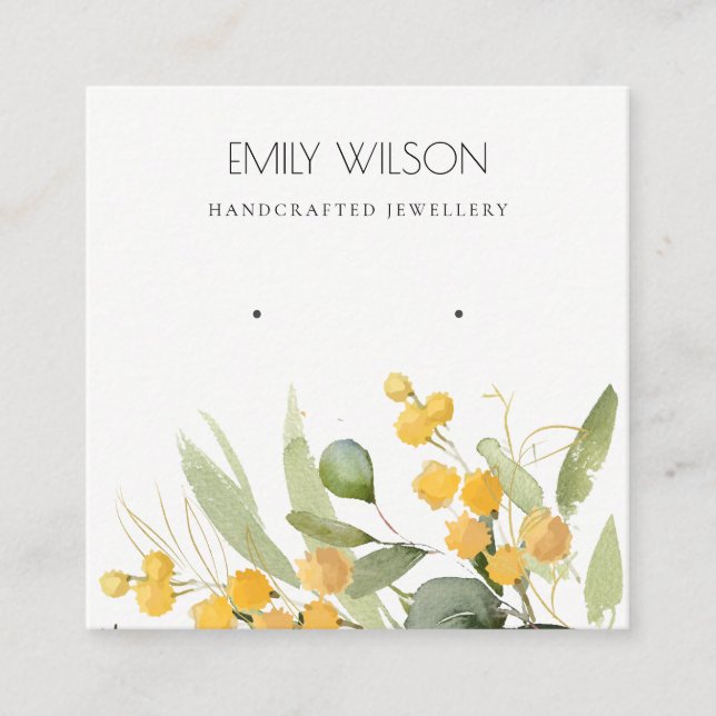Yellow Green Gold Wattle Foliage Earring Display Square Business Card (Front)