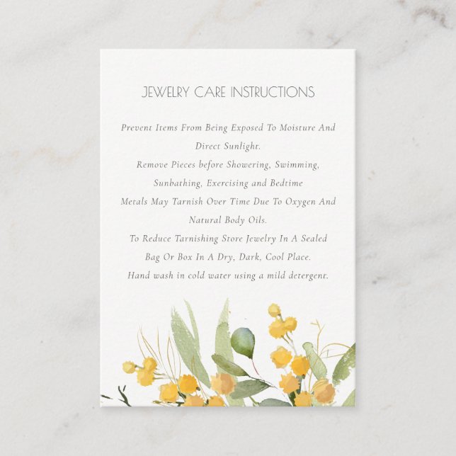 Yellow Green Gold Wattle Foliage Jewelry Care  Business Card (Front)