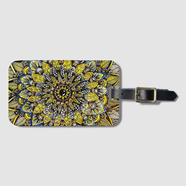 Yellow Green Hand Drawn Mandala Design Luggage Tag (Front Horizontal)