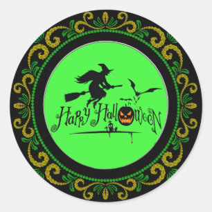 Yellow Green Happy Halloween Witch And Bats Classic Round Sticker