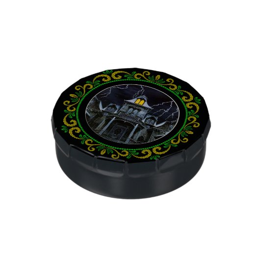 Yellow Green Haunted House Halloween Candy Tin (Side)