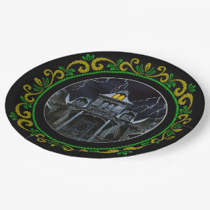 Yellow Green Haunted House Halloween Paper Plates