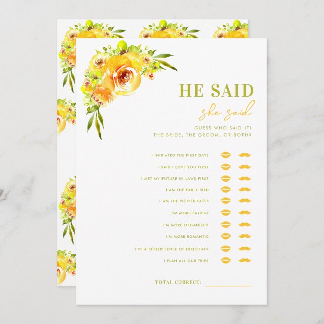 Yellow Green He Said She Said Bridal Shower Game Invitation (Front/Back)