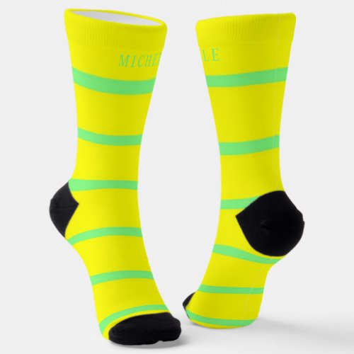 Yellow Green Horizontal Lines Striped Custom Name  Socks