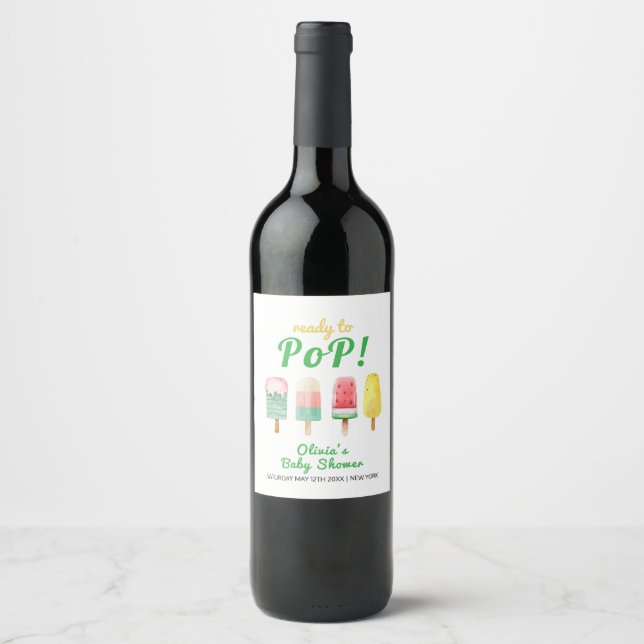 Yellow Green Ice Cream Ready To Pop Baby Shower  Wine Label (Front)