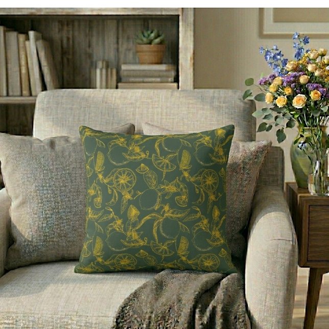 Yellow Green Lemon Botanical Pattern Throw Pillow (Creator Uploaded)
