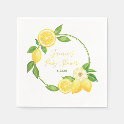 Yellow Green Lemon Citrus Floral Baby Shower Party Paper Napkins
