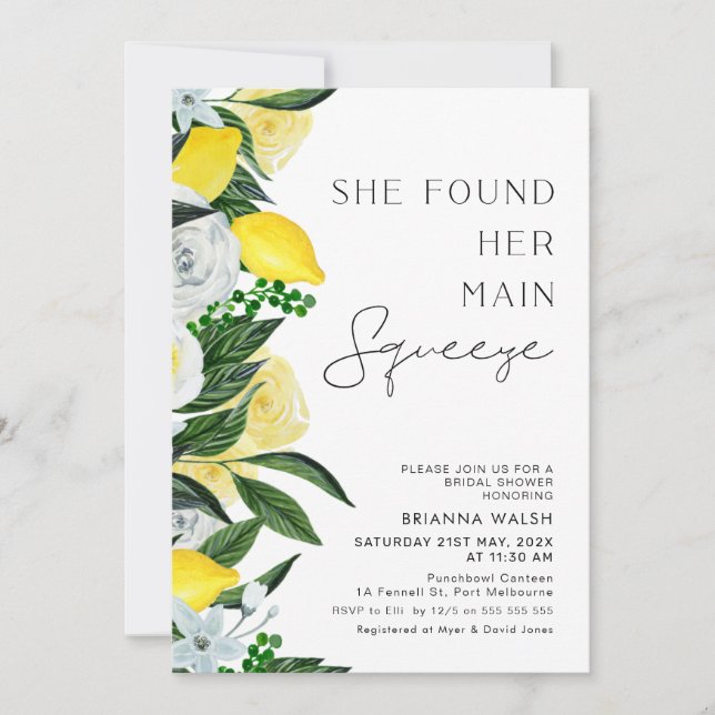 Yellow Green Lemon Main Squeeze Bridal Shower Invitation (Front)