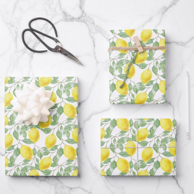 Yellow & Green Lemon Tree Pattern  Wrapping Paper Sheets (Front)